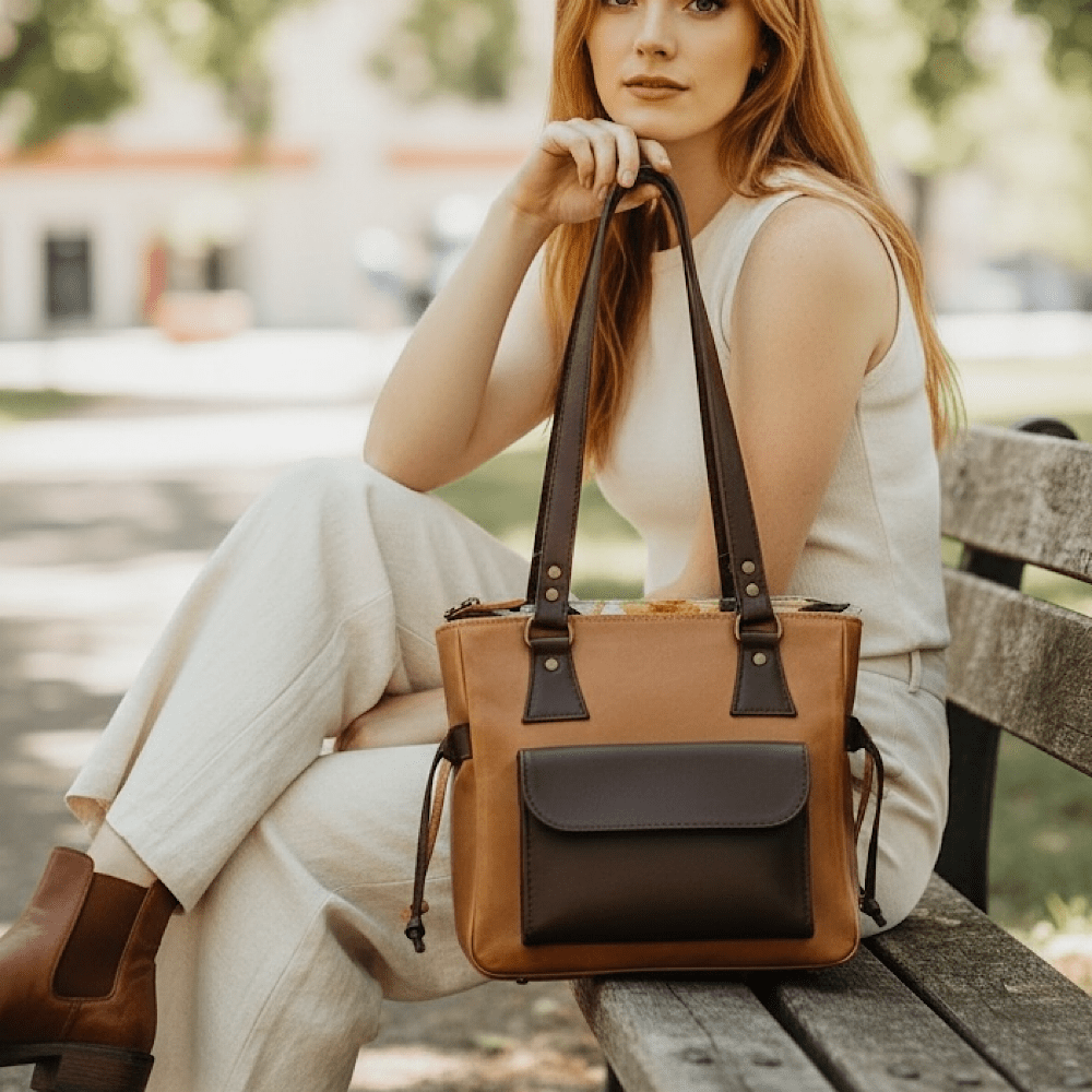 Deluxe Style – Petite Lianay 2.0 in Tan & Dark brown Handle & Pocket with Animal