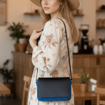 Crossbody Vinyl Handbag (Blue Vinyl Frame & Dark Blue Leather Flap) - Image 7