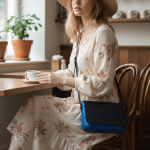 Crossbody Vinyl Handbag (Blue Vinyl Frame & Dark Blue Leather Flap) - Image 6