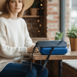 Crossbody Vinyl Handbag (Blue Vinyl Frame & Dark Blue Leather Flap) - Image 2