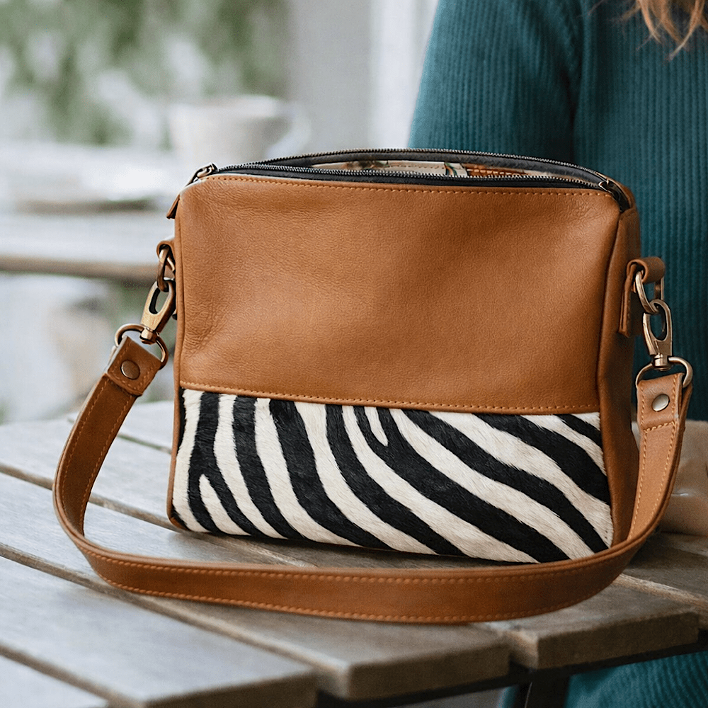 IMG_5696 The Chane Sling Bag 2.0 in Tan with Zebra base - Image 1