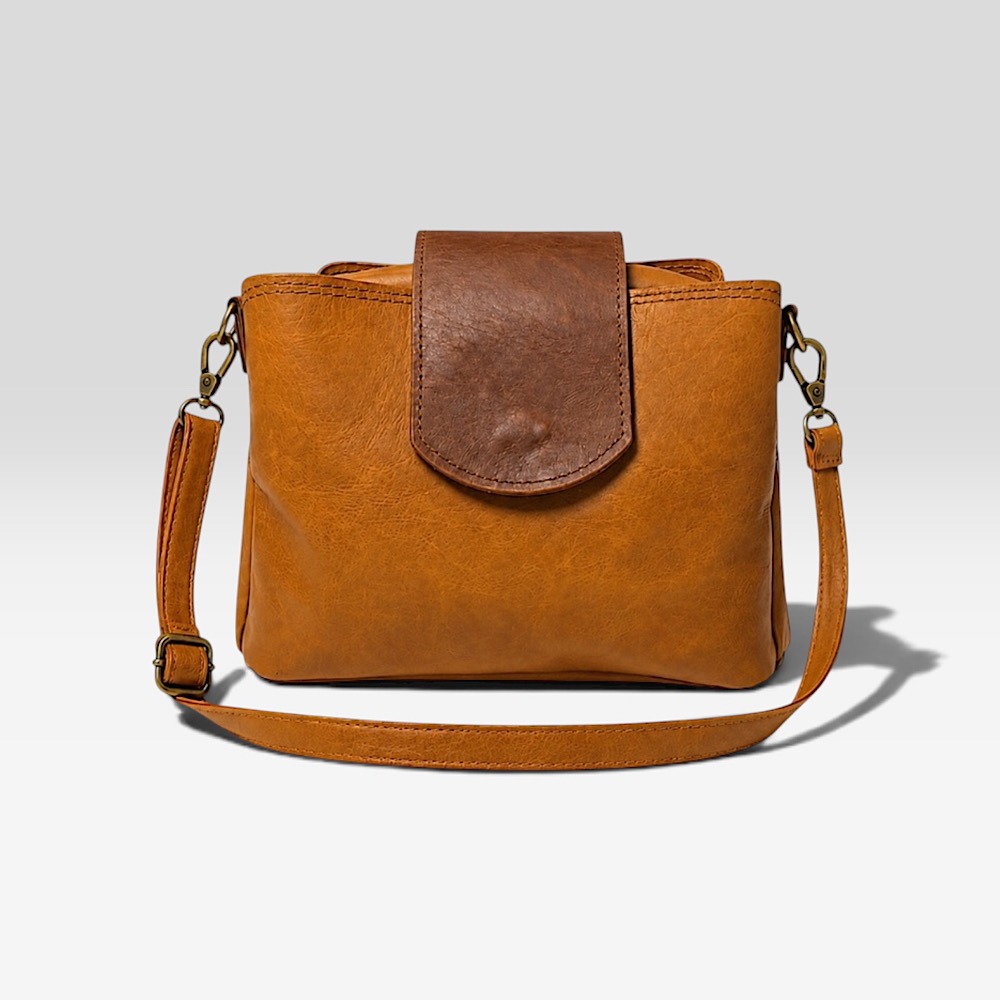 IMG_1189 Lindie 2.0 Crossbody in Tan + Brown flap (Large) - Image 1